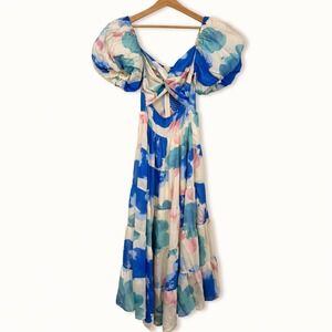 Billy J Womens 12 Dress Floral Puff Sleeve Cutout Tiered Maxi Blue Pink Romantic